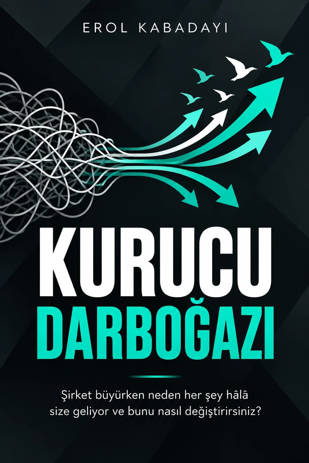 Kurucu Darboğazı kitabının kapağı: koyu zemin üzerinde birbirine dolanmış gri çizgiler, sağa doğru açılarak düzgün oklara ve kuşlara dönüşüyor; altında kitabın adı ve alt başlığı.